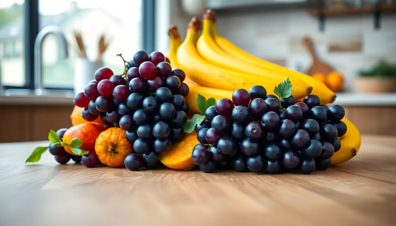 Colorful Fruit Gradient Arrangement This mouth-watering image presents a stunning arrangement of colorful fruits showcasing gradient transitions from deep purple grapes to bright yellow bananas. Set under soft diffuse daylight in a modern kitchen, the fresh produce appears vibrant and inviting. The selective focus sharpens the fruits while gently blurring the textured wood surface of the counter behind. Leading lines from the fruit arrangement guide the viewer’s gaze, enhancing the fresh and joyful ambiance of the scene.