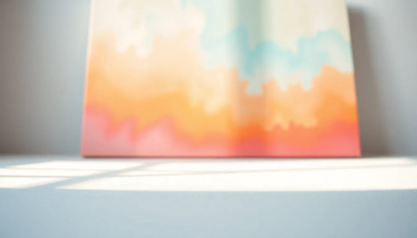 This image showcases a stunning gradient painting, featuring a blend of warm pastel colors transitioning into cooler tones. Soft diffused daylight illuminates the canvas, emphasizing the intricate brush strokes and textures. The composition uses leading lines to draw the eye toward the gradient, creating a peaceful and artistic atmosphere. The overall mood is serene, making it perfect for art lovers and interior design contexts.