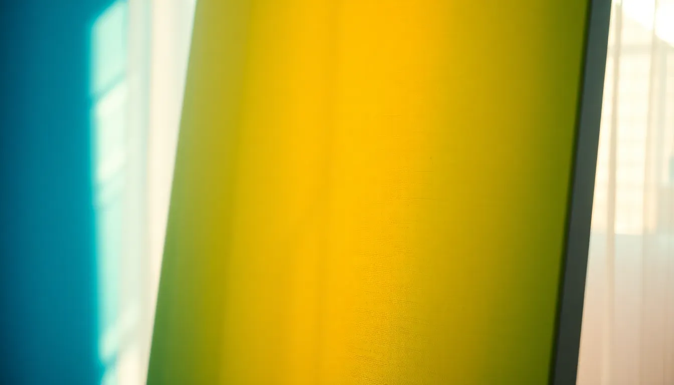 Vibrant Color Gradient on Canvas This image captures an exquisite canvas displaying a smooth gradient transitioning from deep blue to bright yellow. Soft ambient daylight filters through sheer curtains, enhancing the calming yet energetic vibe of the scene. The shallow depth of field ensures focus on the vibrant colors, while textures subtly emerge in the background, creating a dimensional feel. The composition is dynamic, employing a rule of thirds layout to draw the viewer’s eye across the image.