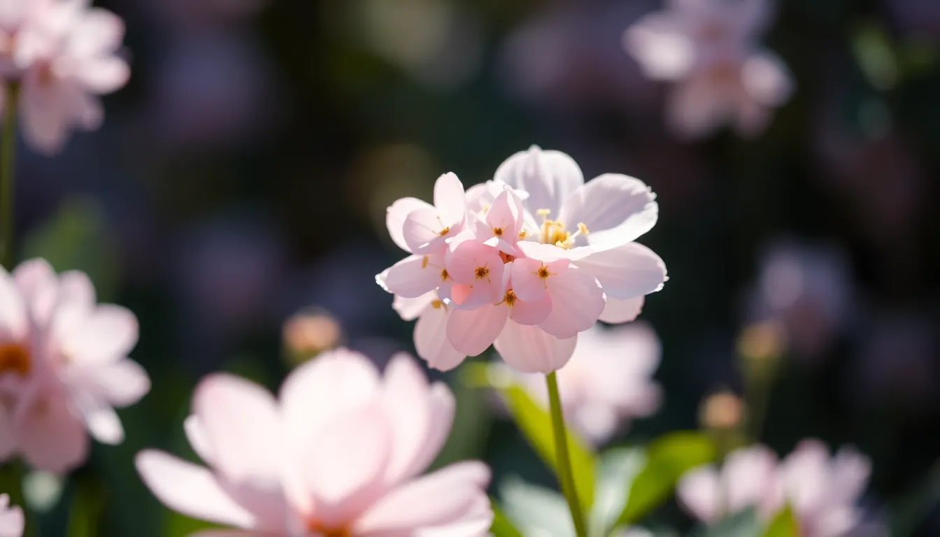 This enchanting garden scene captures an array of delicate flowers, showcasing soft pastel gradients from blush pink to lavender. Dappled sunlight filters through the foliage, creating gentle highlights that emphasize the flowers' textures. The shallow depth of field draws sharp focus to the petals while softly blurring the background into a dreamy bokeh. Natural muted tones evoke a sense of tranquility, inviting viewers to step into this serene floral paradise. The thoughtful composition positions the cluster of flowers off-center, adding to the overall visual appeal.
