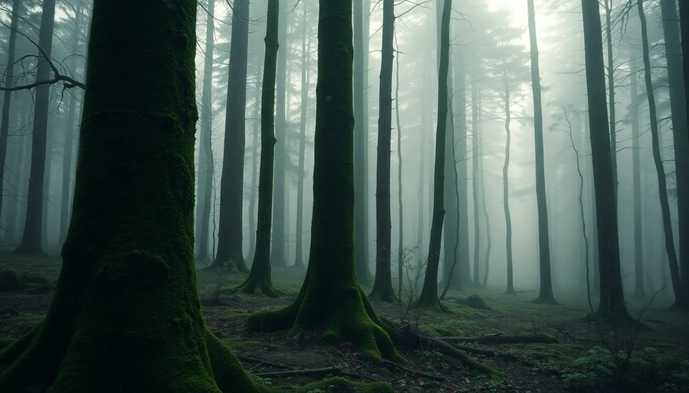 Mystical Forest Gradient This captivating forest image features a cool gradient created by overcast daylight, casting a serene and mysterious mood across the lush greenery. Rich greens transition softly into muted greys, enhancing the tranquil atmosphere of the misty forest. The hyperfocal detail showcases the texture of moss-covered trees and the forest floor, while leading lines draw the viewer's eye further into the enchanting scene. This composition invites exploration and contemplation.