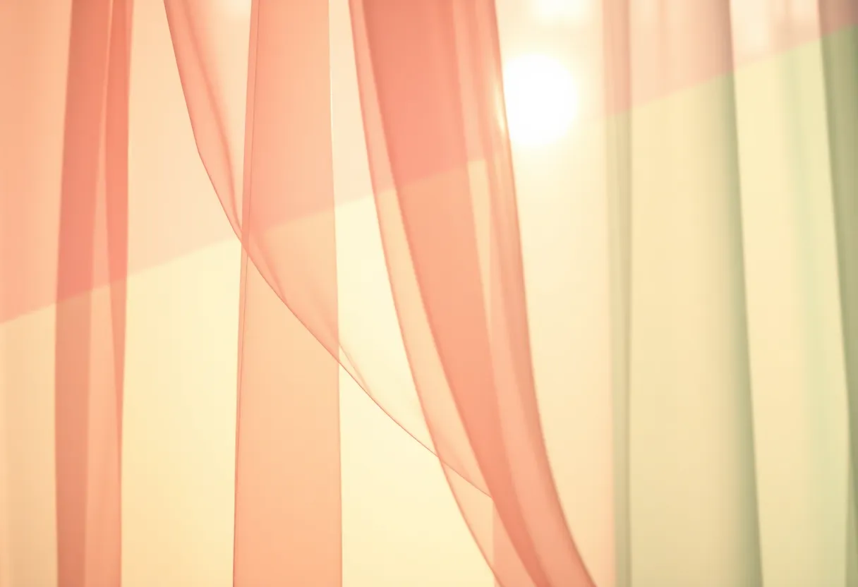 Soft Pastel Fabric Gradient in Natural Light This enchanting image captures layered sheer organza fabric in soft pastel gradients of pink and teal illuminated by golden hour light. The delicate textures of the fabric are enhanced by a shallow depth of field, resulting in a mesmerizing bokeh effect in the background. The warm glow creates a tranquil atmosphere, inviting viewers to appreciate the calming beauty of color and light. The thoughtful use of composition ensures the vibrant gradients naturally draw the eye.