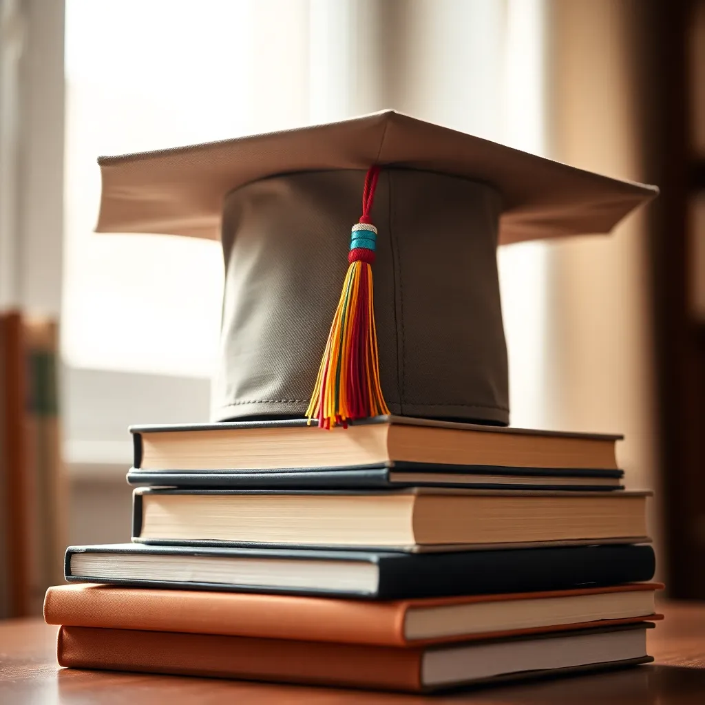 Close-Up of Graduation Cap on Textbooks