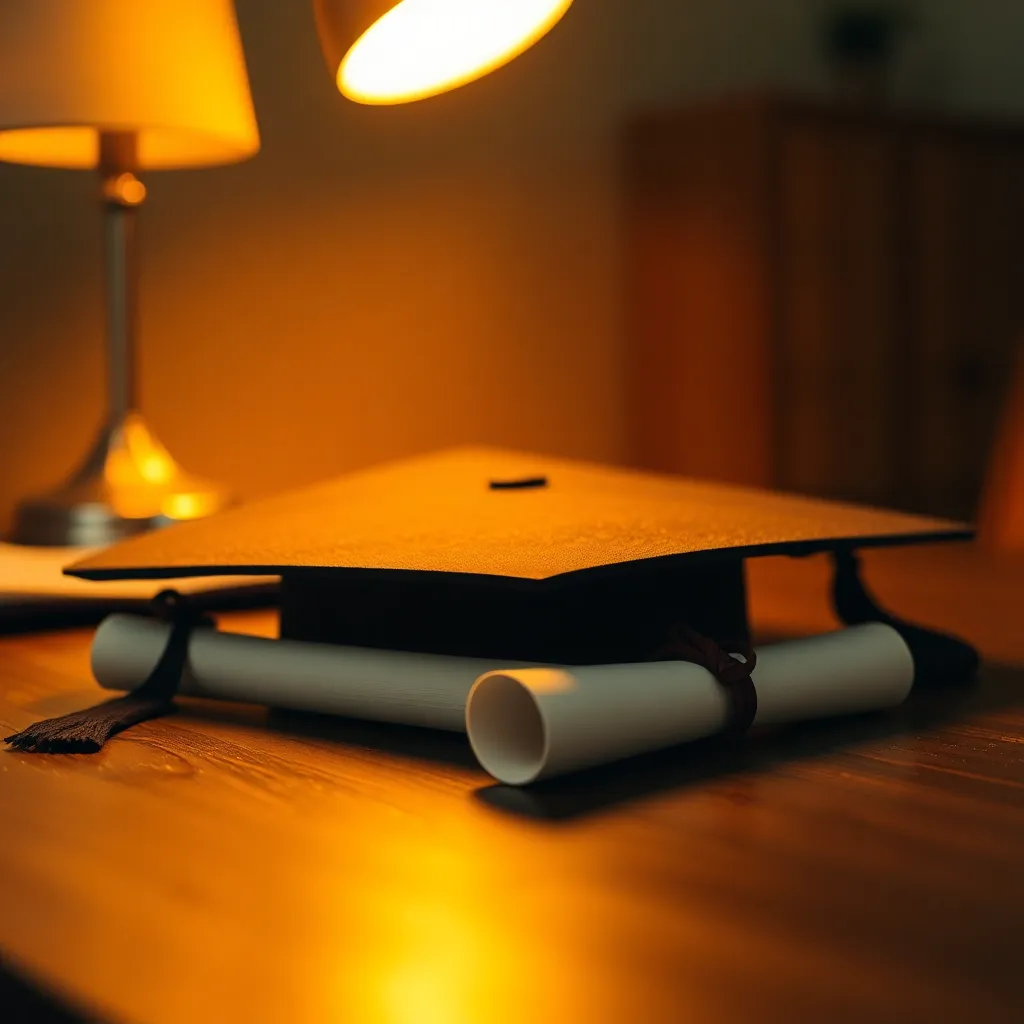 This intimate close-up showcases a graduation cap and diploma resting elegantly on a rustic wooden desk. Warm tungsten lighting adds depth and enhances the textures, creating a cozy and celebratory feel. The shallow depth of field beautifully isolates the cap and diploma, making them the focal point of the image. The centered composition emphasizes the significance of these symbols of achievement, perfect for graduation-related themes.