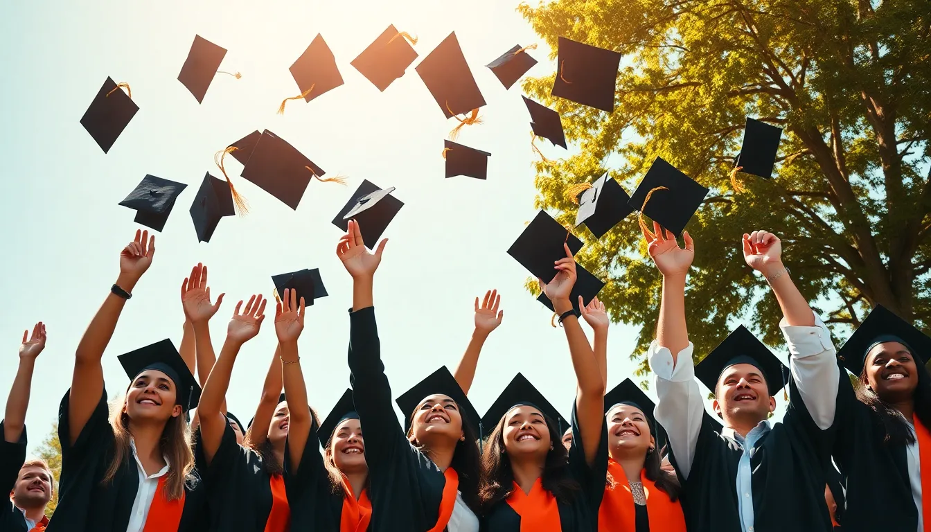 This dynamic shot captures a diverse group of graduates celebrating by throwing their caps into the sky. The high-contrast sun highlights their joyful faces and colorful gowns, creating an exciting atmosphere. The use of telephoto compression brings the scene into vivid focus, showcasing their exhilaration as the caps soar. With leading lines from their arms creating movement, this photograph embodies the thrill of graduation day.
