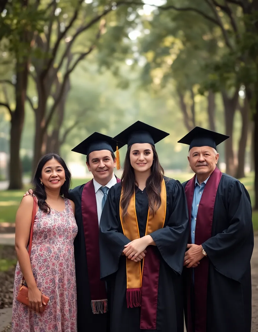 This heartwarming family portrait captures the joy of a graduation celebration. Set in a picturesque park, the graduates pose proudly in their caps and gowns, surrounded by their loving family. Soft daylight filtering through the trees enhances the serene atmosphere, while the shallow depth of field skillfully focuses on the graduates. The balanced composition reflects a moment of unity and pride, perfect for commemorating this special milestone.