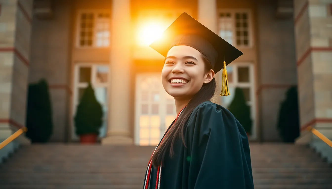 Joyful Graduate Celebrating on University Steps