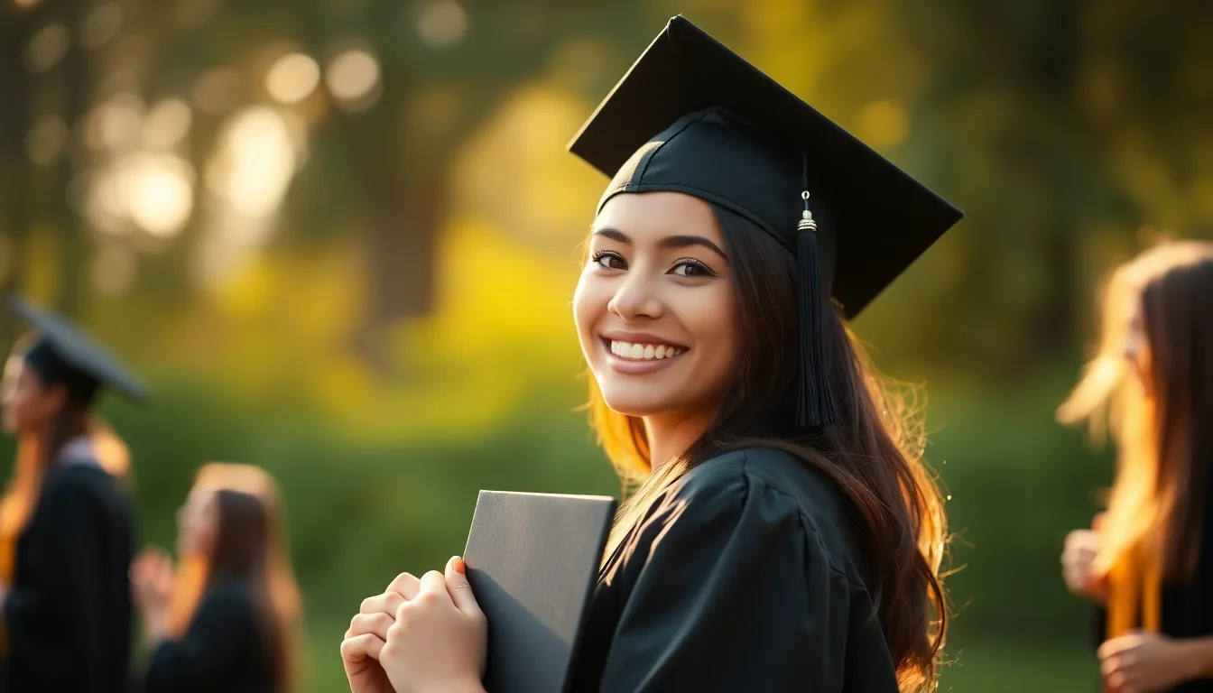 This vibrant image captures a young woman joyfully celebrating her graduation in a classic black cap and gown. The warm golden hour light creates a beautiful backlighting effect, highlighting her cheerful expression as she holds her diploma. Surrounded by blurred classmates, the photograph evokes a sense of achievement and joy. The smooth texture of her skin contrasts with the soft fabric of her gown, embodying the spirit of graduation day.