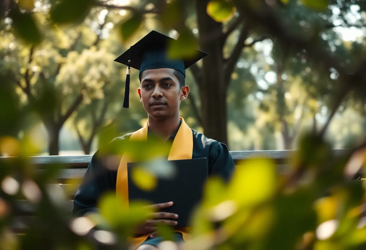 Graduate Reflecting on Journey in Park