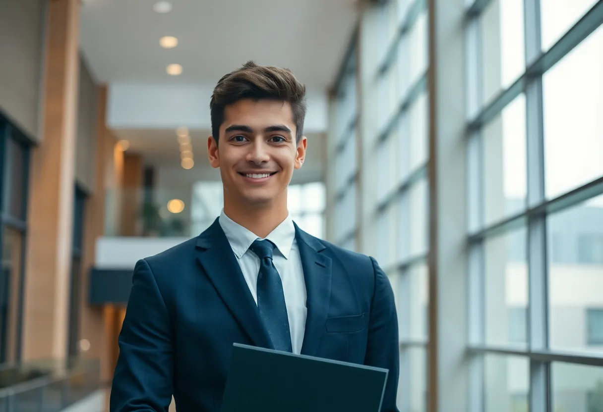 This striking image features a young man wearing a navy suit and tie, confidently holding his diploma in a sleek modern university atrium. Overcast daylight floods the space through large windows, creating soft, even lighting that enhances the atmosphere. With selective focus on the graduate's eyes and blurred architectural elements in the background, the photograph conveys a sense of pride and achievement. The modern design of the atrium and natural muted tones contribute to a contemporary educational theme.