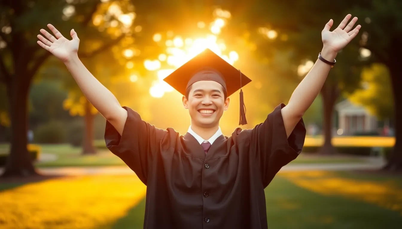 Joyful Graduate Celebrating Outdoors A happy graduate stands outdoors with arms raised, celebrating their achievement during golden hour. Dressed in a traditional black graduation gown and cap, their expression radiates pride and joy. The warm backlighting enhances the mood, with a lush green park in the background, adding depth and richness to the scene. The image captures the essence of accomplishment and the beauty of a significant life milestone.