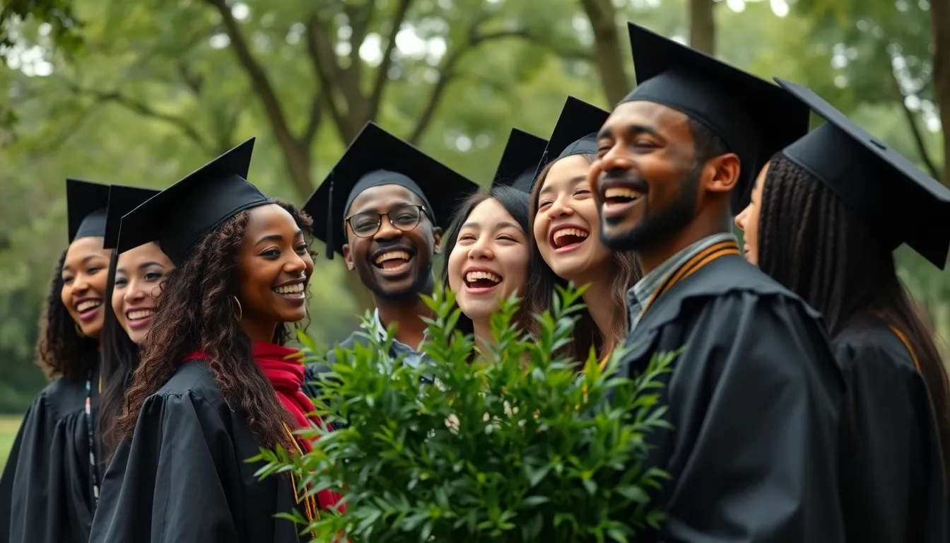 A joyful group of diverse graduates shares a heartfelt moment in a lush park, their laughter resonating with the ambiance of celebration. The soft, diffused lighting creates an inviting atmosphere, accentuating their colorful caps and gowns. The focus on their expressions captures the joy of this milestone, framed by the vibrant greenery around them. This image beautifully represents the unity and happiness of graduation day.