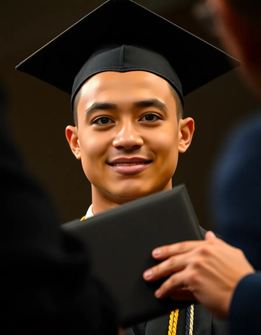 A close-up image captures the proud moment of a graduate receiving their diploma. The subject's radiant smile and traditional gown are beautifully illuminated with professional lighting, creating a warm and inviting atmosphere. The photograph focuses on the intricate details of the gown and the diploma, enhancing the emotional impact of the achievement. The color tones echo a classic film look, bringing a nostalgic feel to this significant moment.