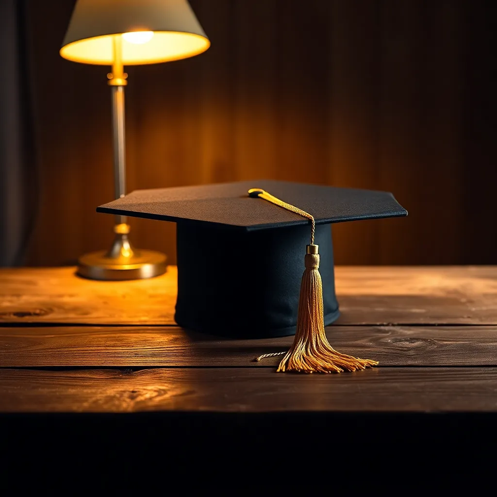 Graduation Cap on Wooden Table
