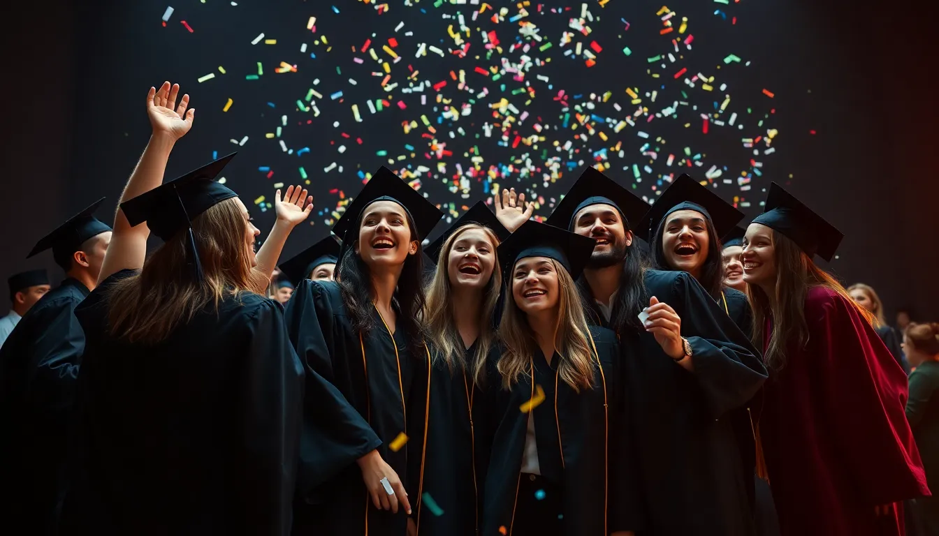 In a vibrant studio setting, a group of cheerful graduates embraces the joy of their achievement surrounded by friends, with colorful confetti cascading around them. The dynamic Dutch angle and vivid saturation enhance the festive atmosphere and celebrate the achievement. The carefully crafted lighting adds depth, showcasing their expressions of happiness and excitement. This image captures the essence of celebration and camaraderie on graduation day.