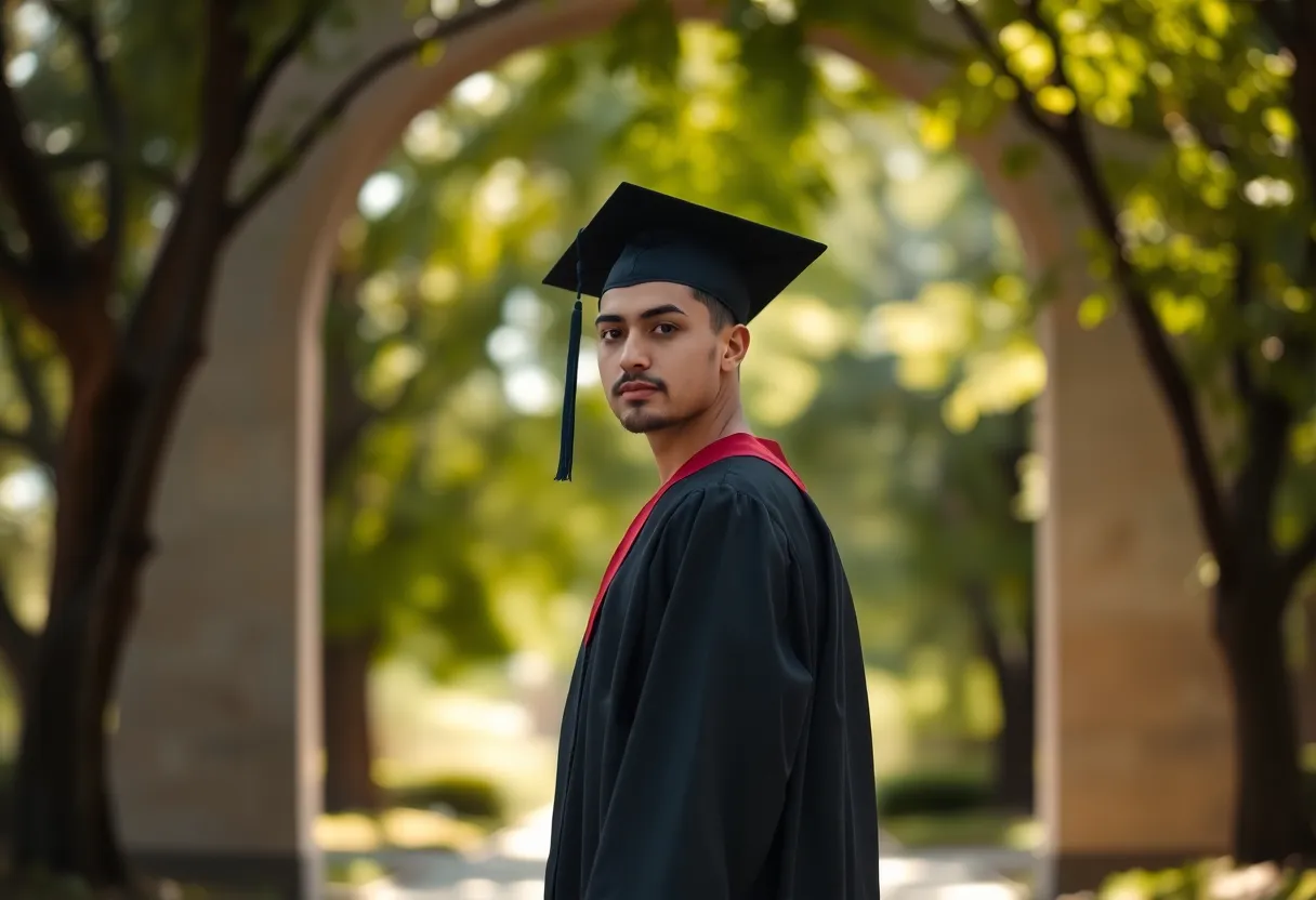 Graduate Posing Under an Archway