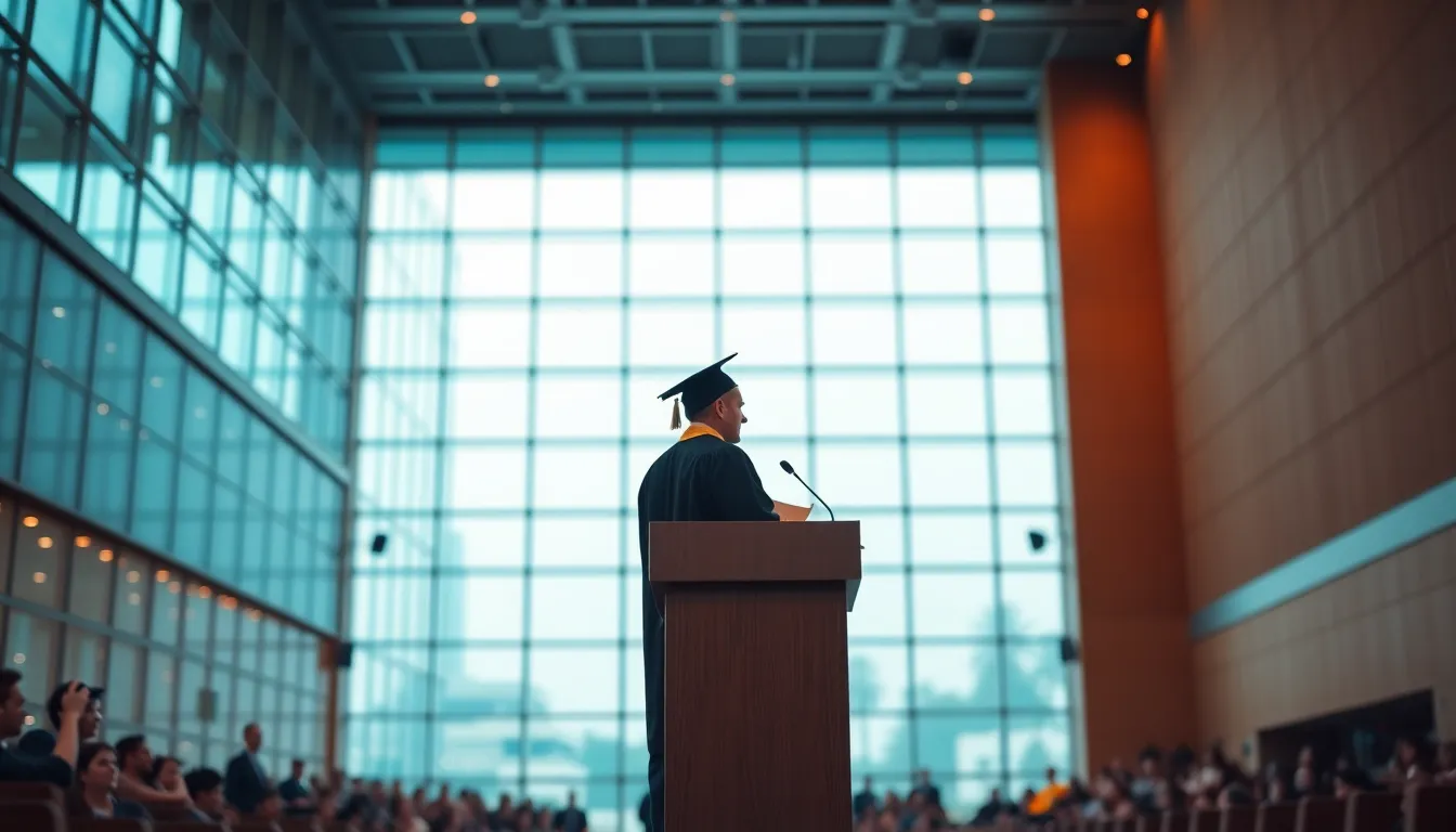Inside a sleek, modern auditorium, a graduate passionately delivers their speech at the podium. Overcast daylight streams through generous floor-to-ceiling windows, illuminating the scene. The clean lines and contemporary architecture add to the professional atmosphere, while the cinematic teal and orange color grading enhances the dramatic impact of the moment. This captivating image captures the excitement and earnestness of this important occasion.