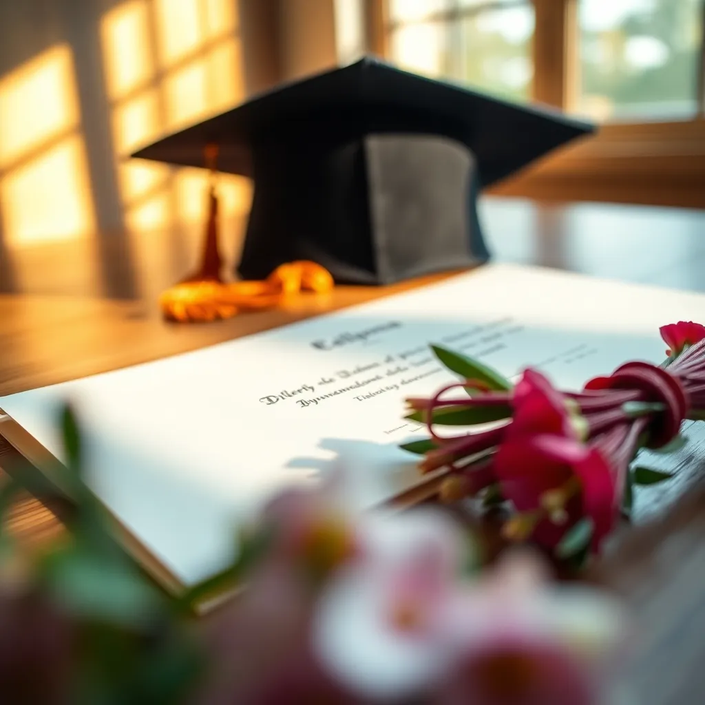 Graduation Diploma with Cap and Flowers