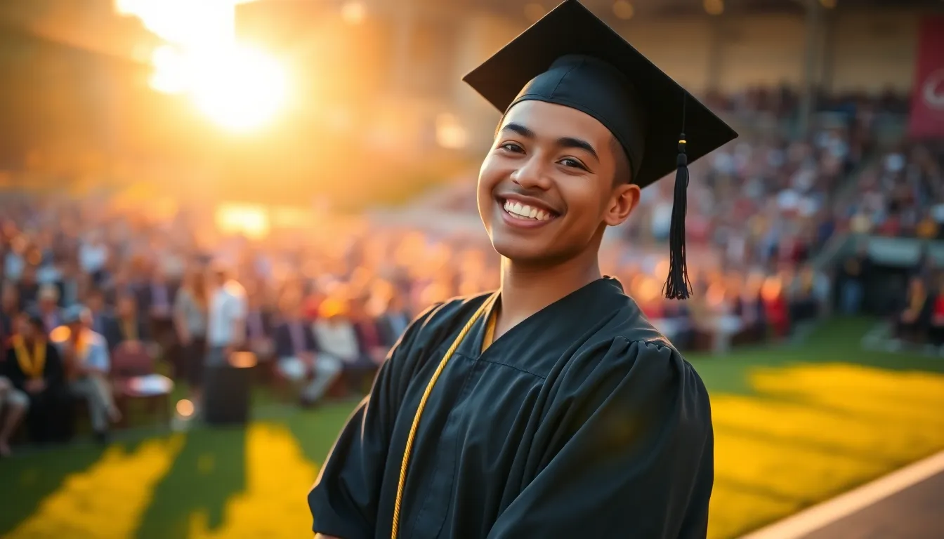 A proud graduate stands on stage during a sunlit outdoor ceremony, adorned in a traditional cap and gown. The golden hour backdrop creates a warm ambiance, with a soft bokeh of the audience in the background. The joyful expression captures the essence of achievement, highlighted by the warm color palette. The scene evokes a celebratory mood, perfect for graduation-themed content.