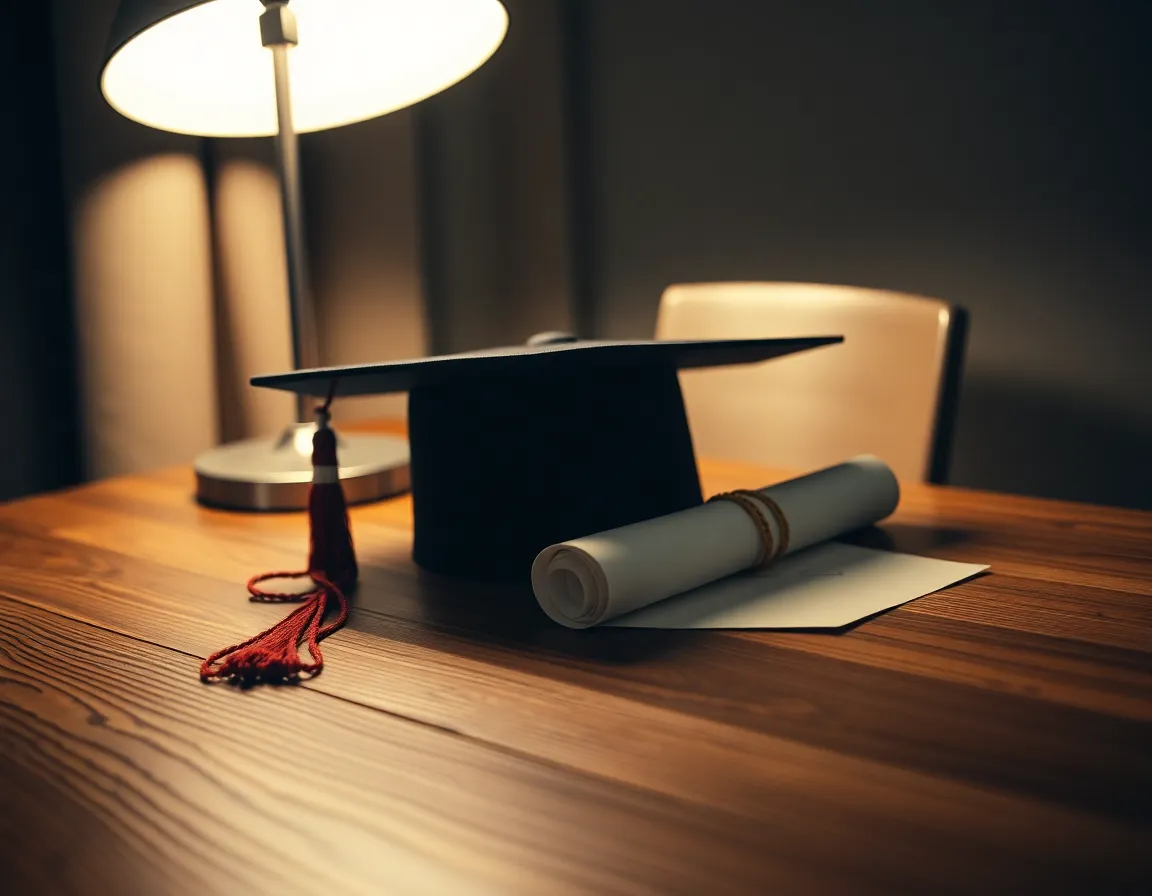 A beautifully arranged still life of a graduation cap and diploma resting on a weathered wooden table. Illuminated by warm lighting, the scene exudes a sense of accomplishment and nostalgia. The intricate details of the fabric and the paper are brought to life, inviting the viewer to appreciate the significance of graduation. The earthy tones and textures create a warm, inviting atmosphere, making it perfect for educational content.
