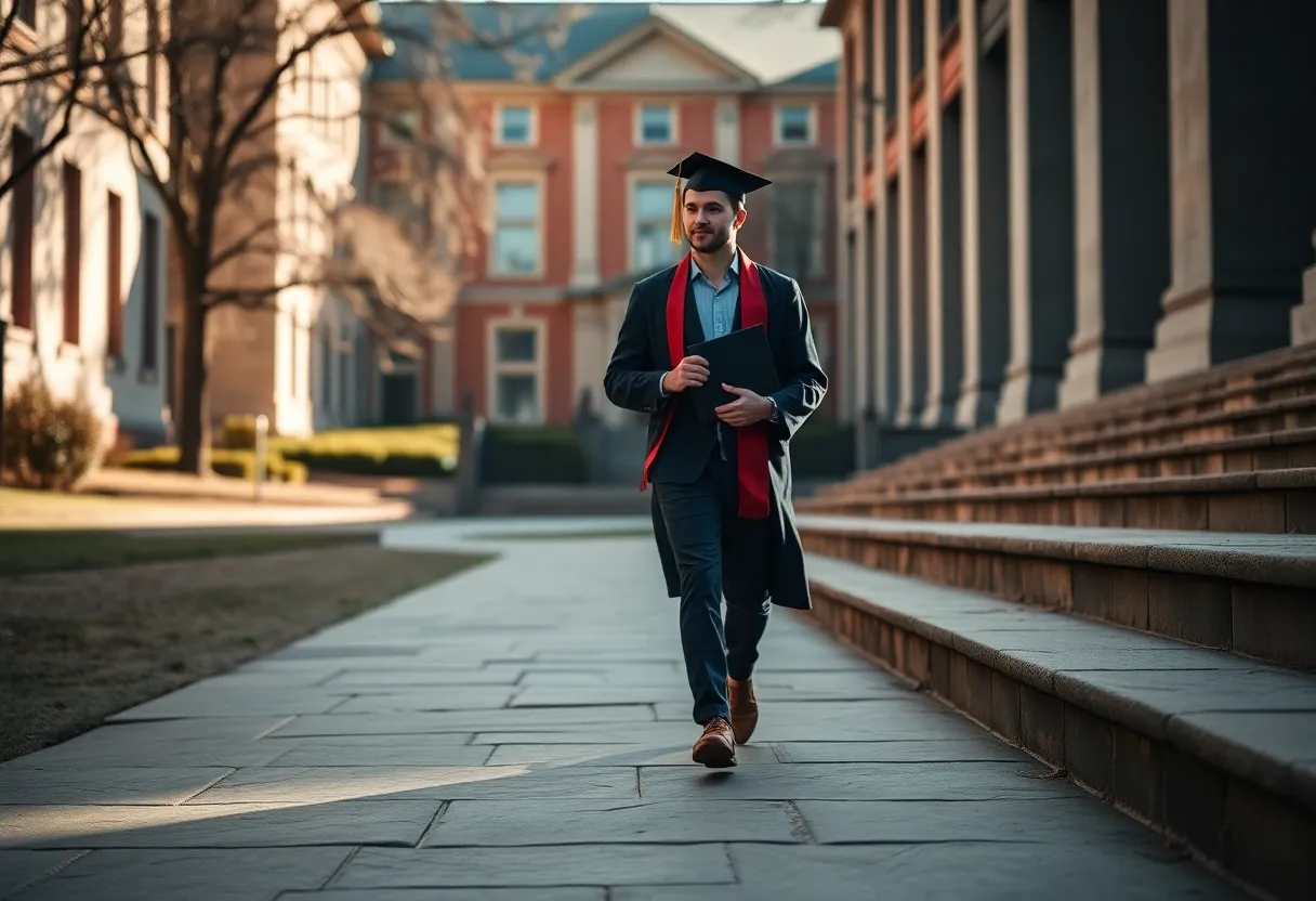 A determined graduate strides confidently across a picturesque campus, diploma in hand, under the soft light of a morning sun. Historic architecture frames the scene, adding depth and character to the moment. The image highlights the graduate's empowerment and achievement while maintaining a cinematic quality. The warm and cool color tones blend beautifully, embodying the essence of success and future possibilities.