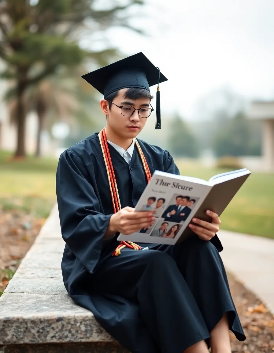 Contemplative Graduate with Yearbook
