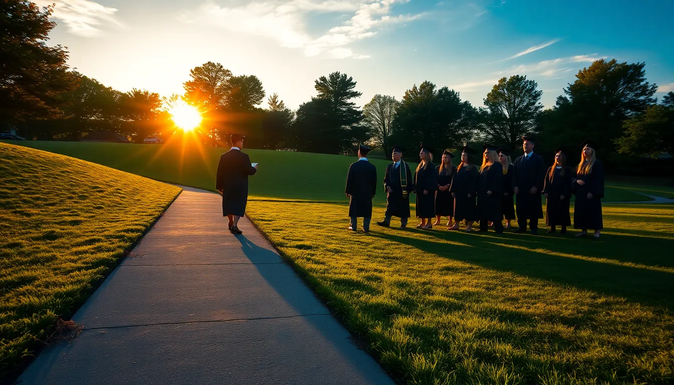 Group of Graduates Enjoying Outdoors at Sunset