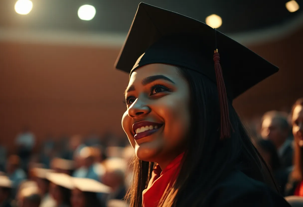 Contemplative Graduate at Campus Entrance