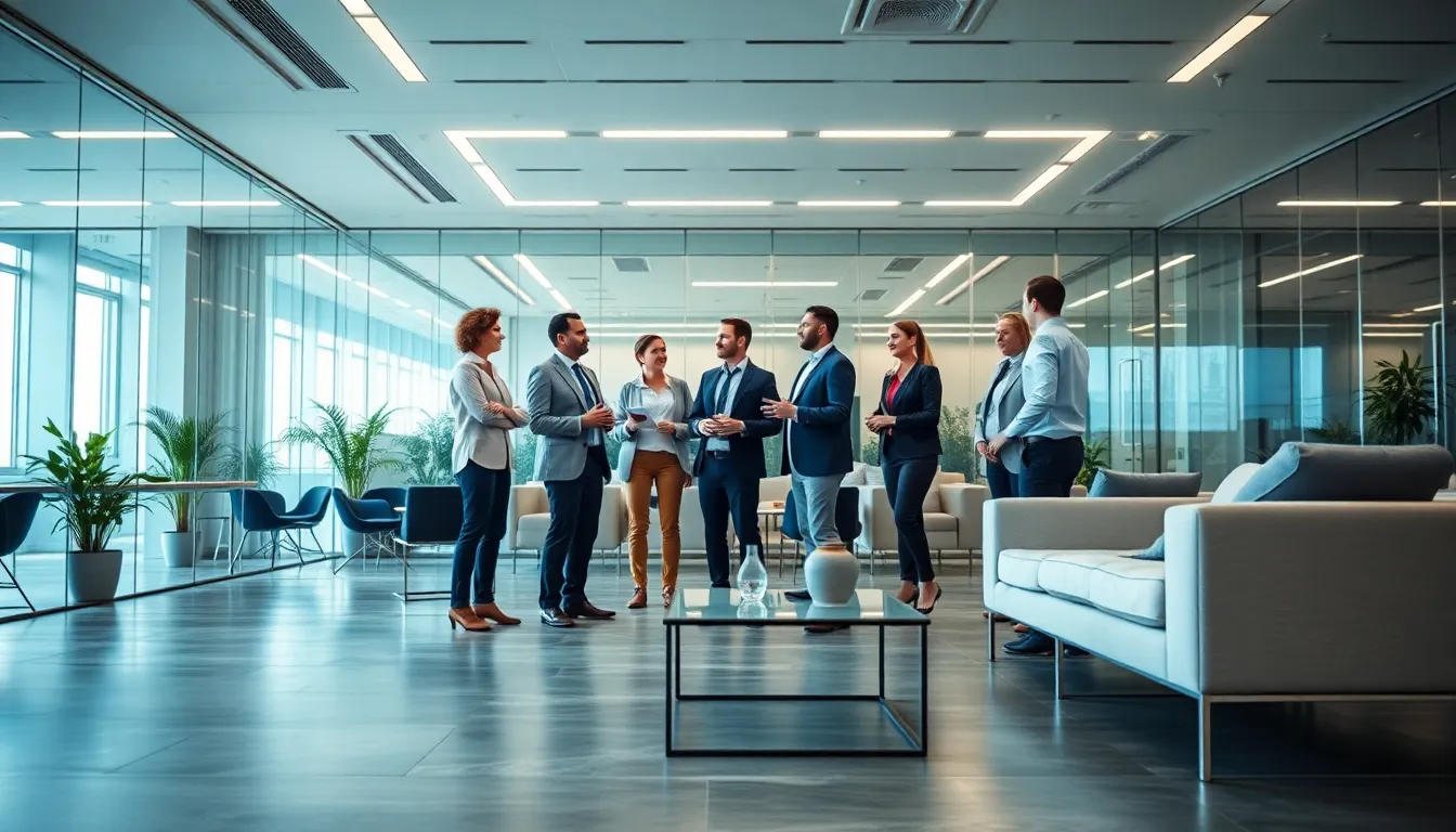 This image showcases a dynamic team collaboration scene featuring a diverse group of professionals actively engaged in discussion within a modern office setting. Bright LED overhead lighting enhances the clean, professional atmosphere, while the cool color palette underscores the sleek furnishings. The sharp focus from foreground to background captures the details of polished concrete floors and glass walls. This engaging composition reflects teamwork, innovation, and a contemporary work environment.
