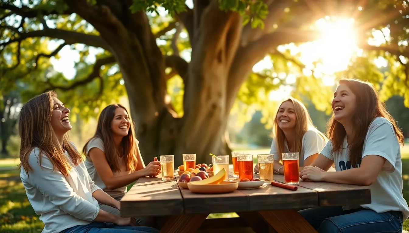 Joyful Group Picnic Under Oak Tree