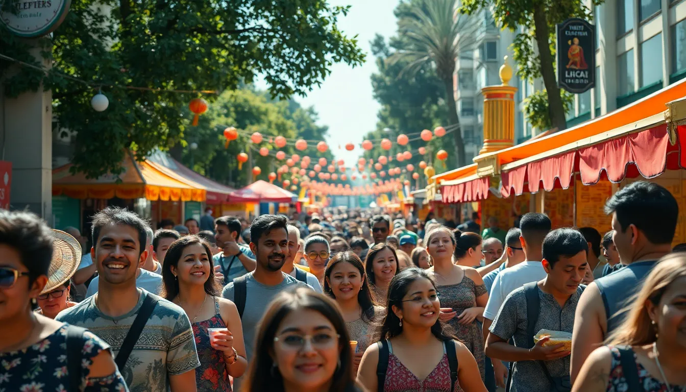 This image captures the vibrant energy of a street festival, showcasing a diverse crowd immersed in cultural performances and enjoying delicious food. Bright afternoon sunlight accentuates the joyful expressions and colorful attire of attendees, creating dynamic contrasts. The composition employs leading lines to guide the viewer’s gaze through the bustling atmosphere, while rich textures of textiles and food evoke a sensory experience. Overall, the scene embodies celebration and community spirit.
