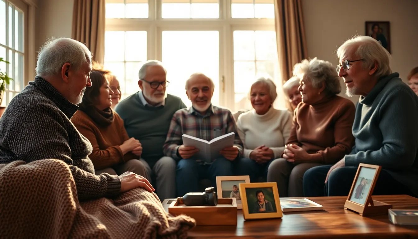 This intimate image portrays a serene moment with an elderly diverse group gathered in a cozy living room, deeply engaged in storytelling. Warm natural light creates soft shadows, enhancing the nostalgic ambiance of their expressions. The selective focus on the storyteller adds depth, inviting viewers into their cherished memories. The warmth of the muted earth tones and textures provides a comforting environment for sharing tales and life experiences.