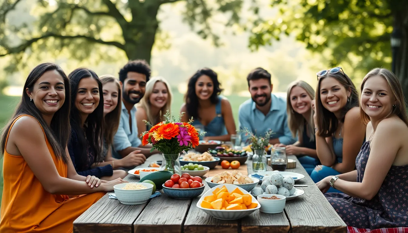 This image captures a lively outdoor brunch with a diverse group of friends sharing laughter and delicious food around a rustic wooden table. The soft morning light enhances the warm color palette, while the shallow depth of field emphasizes their joyful expressions. With fresh fruits and beautiful flowers adorning the table, the scene radiates a sense of togetherness and celebration. The inviting atmosphere is complemented by the textures of the wooden table and soft fabric of picnic blankets.