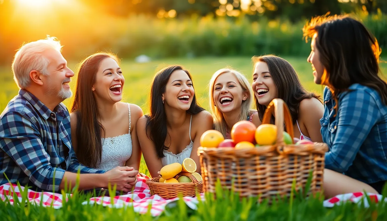 Friends Enjoying a Picnic During Golden Hour