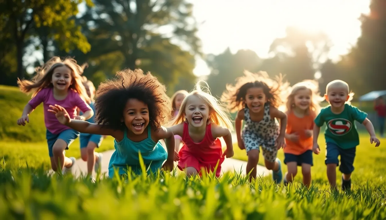 This lively image captures a joyful group of children playing in a sunlit park, celebrating diversity and camaraderie. The warm golden hour sunlight enhances their enthusiastic expressions, while vibrant outfits pop against the lush green grass. The shallow depth of field draws focus on the children's laughter and movement, creating a sense of energy. The dynamic composition and surrounding textures of grass and hair render an inviting and cheerful atmosphere.