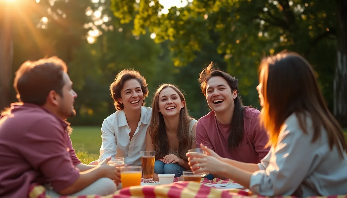A joyful group of friends enjoys a lively picnic during golden hour, surrounded by lush greenery. Their laughter and camaraderie create a vibrant atmosphere, with warm sunlight illuminating their faces and highlighting the soft textures of their cotton clothing. Set against a beautifully blurred backdrop, the scene captures the essence of friendship and warmth in nature, enhanced by golden hour lighting and a relaxed composition.