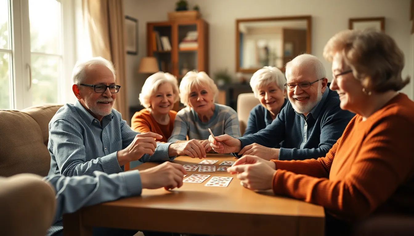 Seniors Enjoying Cards in Sunlit Living Room