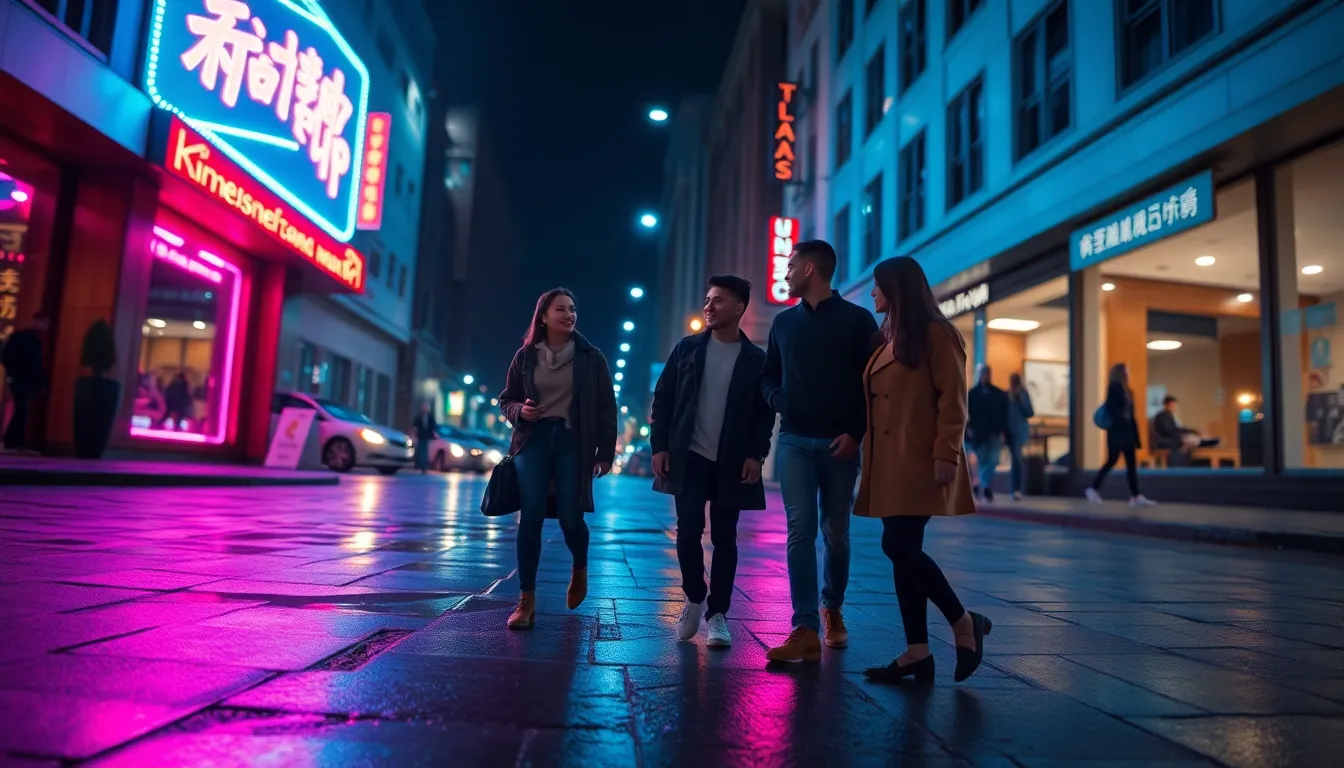 A vibrant nightlife scene in a bustling city, where a group of friends capture a moment amidst neon lights reflected on wet pavement. The cinematic teal and orange color grading creates a lively atmosphere, while the angle captures their joyful engagement. The beauty dish lighting enhances their features, reflecting an urban adventure. This image conveys the spirited energy of friendship and exploration in an urban environment.