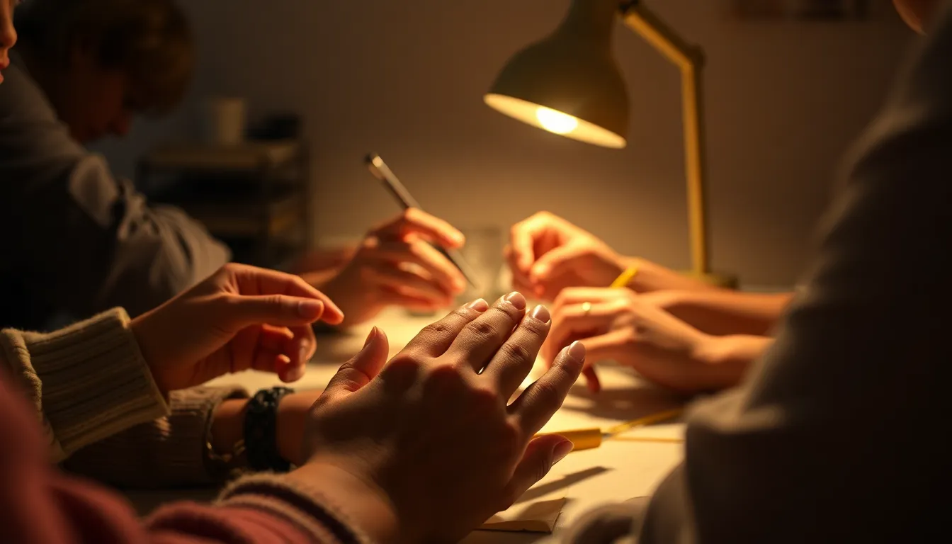 An intimate scene captures a diverse group of hands working together on a creative project, illuminated by the warm glow of a tungsten desk lamp. The focus on their hands showcases the collaboration and artistry that transcends backgrounds, while the warm color palette enhances the inviting atmosphere. Textures of the rough paper and craft supplies bolster the sensory experience, emphasizing the beauty of collaborative creation in shared artistic endeavors.