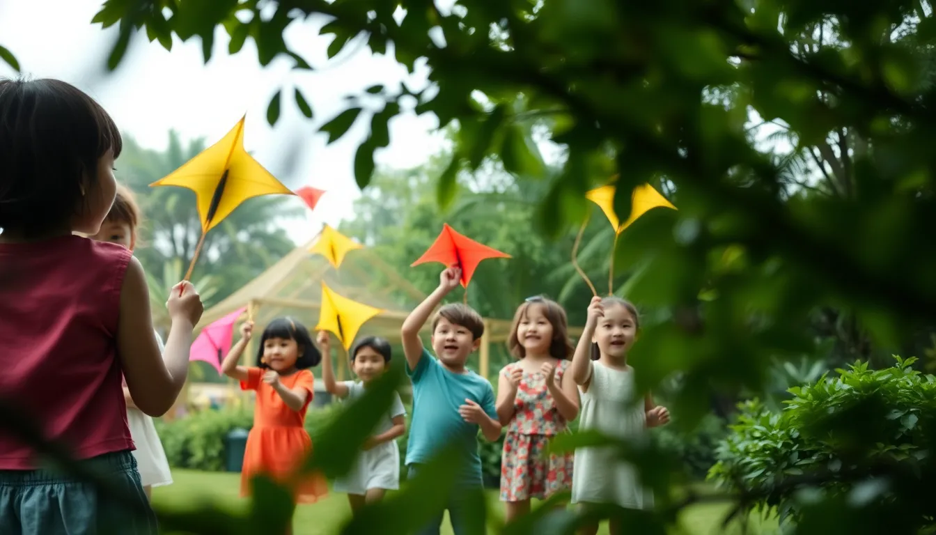 Children Flying Kites in a Colorful Garden