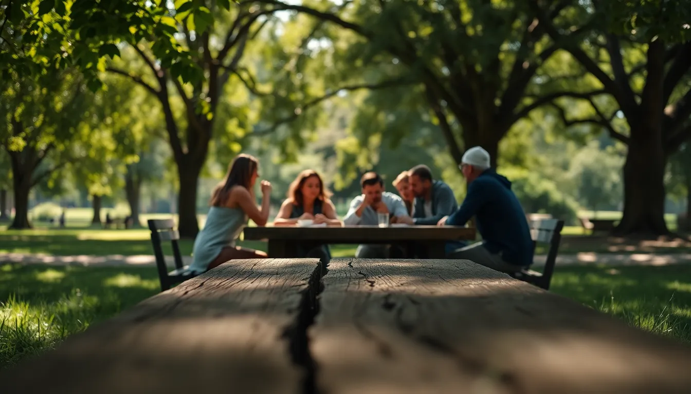 A harmonious group of friends enjoys their time together at a rustic wooden table in a sun-dappled park. The filtering sunlight enhances the earthy color palette of greens and browns, creating a serene and inviting atmosphere. The composition thoughtfully integrates natural elements, highlighting their connection with the environment while the textures of the table and grass add richness to the scene, embodying a peaceful, nature-infused outing.