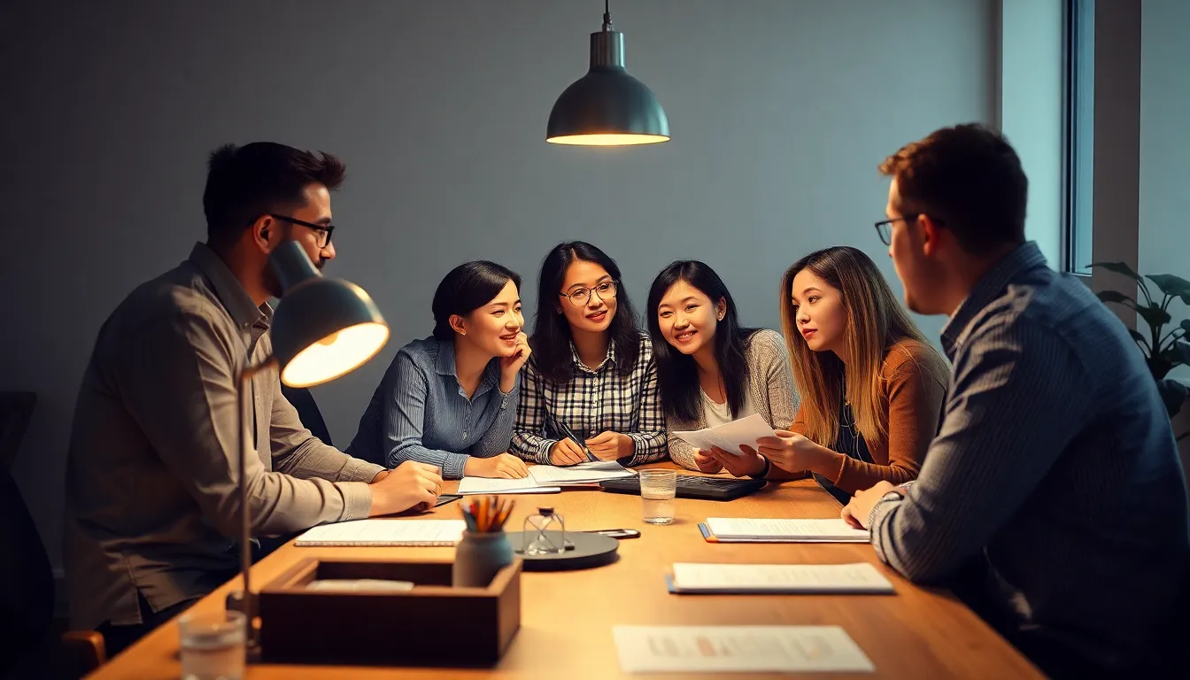 An engaging scene of a diverse team huddled around a modern workspace, sharing ideas and creative thoughts. The warm pool of light from a tungsten lamp illuminates their focused expressions, emphasizing collaboration and teamwork. Each individual, representing various ethnic backgrounds, showcases unique styles, while the textures of the workspace emphasize a creative environment. This image captures the essence of collaboration in a vibrant, professional setting.