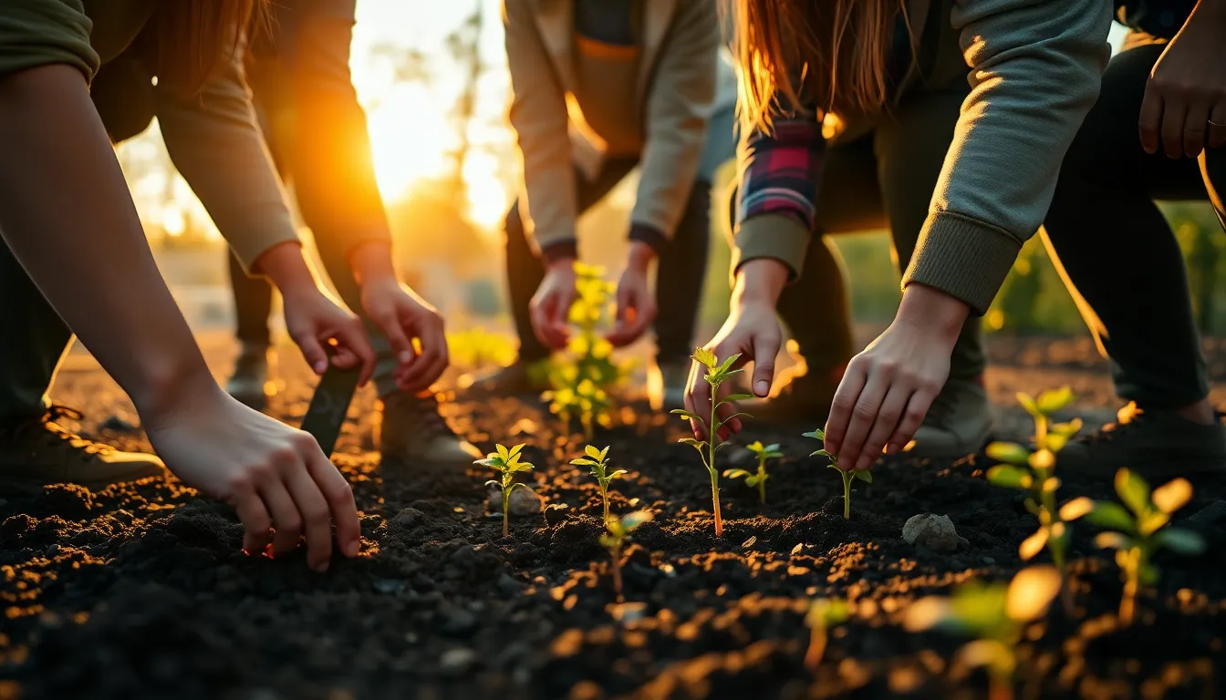 Volunteers Working in Community Garden An engaging image of volunteers working together in a community garden, planting seedlings during the golden hour. The warm sunlight creates a cozy atmosphere, highlighting their efforts and collaboration. The earthy color palette complements the natural environment, while the soft background ensures the focus remains on their hands and the plants. This scene beautifully illustrates the spirit of community service and teamwork.