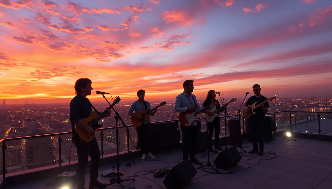 Musicians Performing on a Rooftop at Dusk