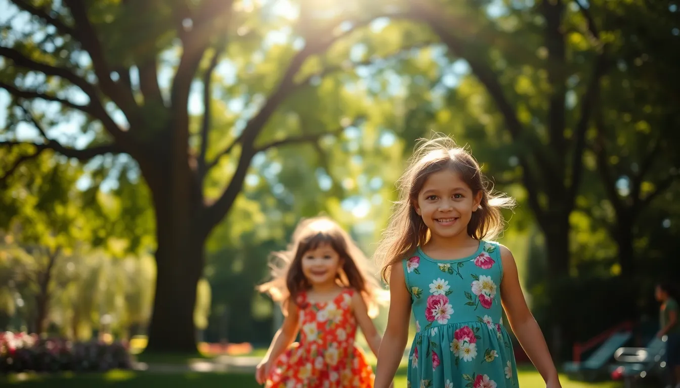 A charming scene capturing two young girls of different ethnicities playing together in a lush park, surrounded by vibrant flowers and greenery. Dappled sunlight filters through a tree canopy, creating beautiful bokeh highlights that enhance the playful mood. The girls are dressed in colorful outfits, their laughter and joy radiating warmth. This image showcases the innocence of childhood and the beauty of friendship in an outdoor setting.