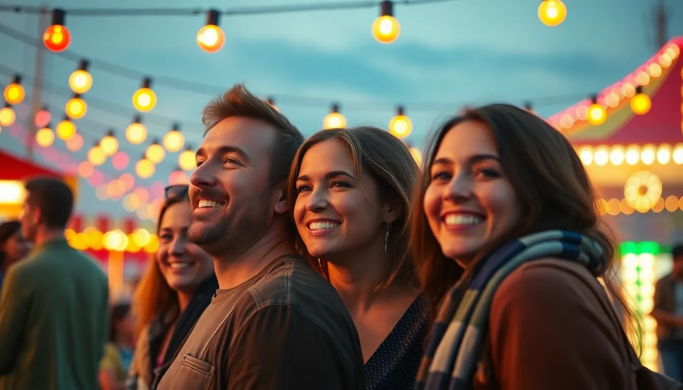 Under the enchanting glow of festival lights, a diverse group enjoys a celebratory evening at a fair, their smiles radiating warmth and joy. Captured during golden hour, the scene is infused with vibrant colors and charming bokeh effects that emphasize their camaraderie. The leading lines formed by the string lights guide the viewer's eye into the heart of the joyful gathering, creating a lively and inviting mood enhanced by the rich textures of the scene.