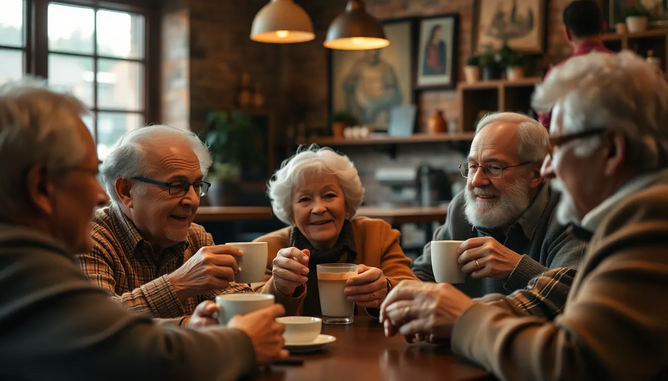 Elderly Friends Sharing Stories at Café In a warm and cozy coffee shop, a group of older adults share laughter and stories over steaming cups of coffee. The inviting golden glow of tungsten light sets a nostalgic mood, while the rich textures of wood create a comforting ambiance. Close crop focuses on their animated expressions, emphasizing the warmth of friendship. The scene captures the essence of community and connection, inviting viewers into a moment of shared experience.