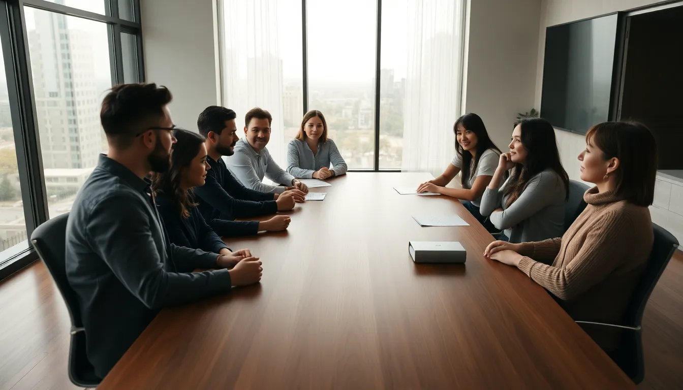 A diverse group of professionals collaborates in a modern meeting room, illuminated by soft, diffused daylight. Their focused expressions reflect determination and creativity as they engage in a brainstorming session around a polished wooden conference table. The muted earth tones of the scene contribute to a serene and productive atmosphere, while the textures of their clothing and the furniture add depth and detail to the composition.