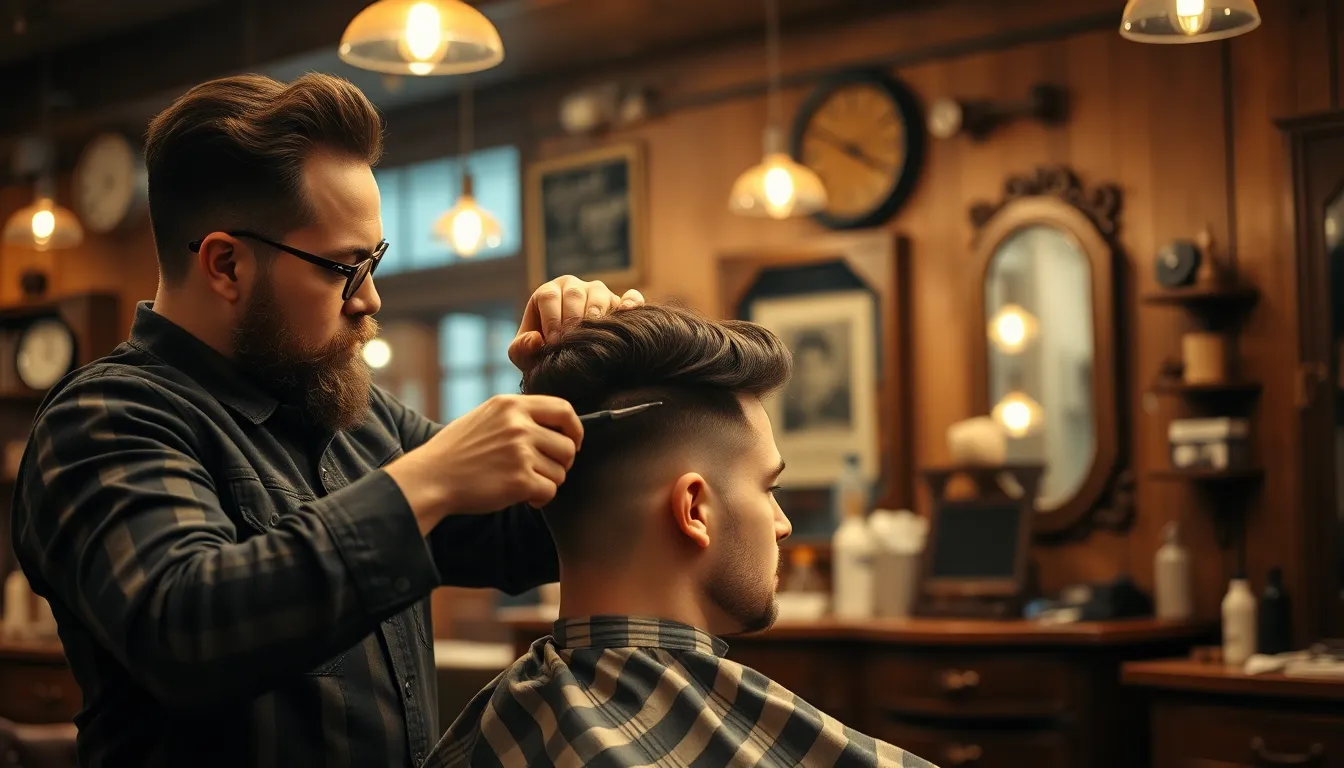 This immersive image portrays a barber expertly styling a man's hair using vintage tools in a rustic barbershop setting. The warm tungsten lighting casts inviting shadows that enhance the rich textures of the wood interior. The shallow depth of field emphasizes the barber's concentration and skill, while the dynamic angle adds energy to the scene. This photograph embodies the tradition and artistry of barbering, suitable for lifestyle and grooming themes.