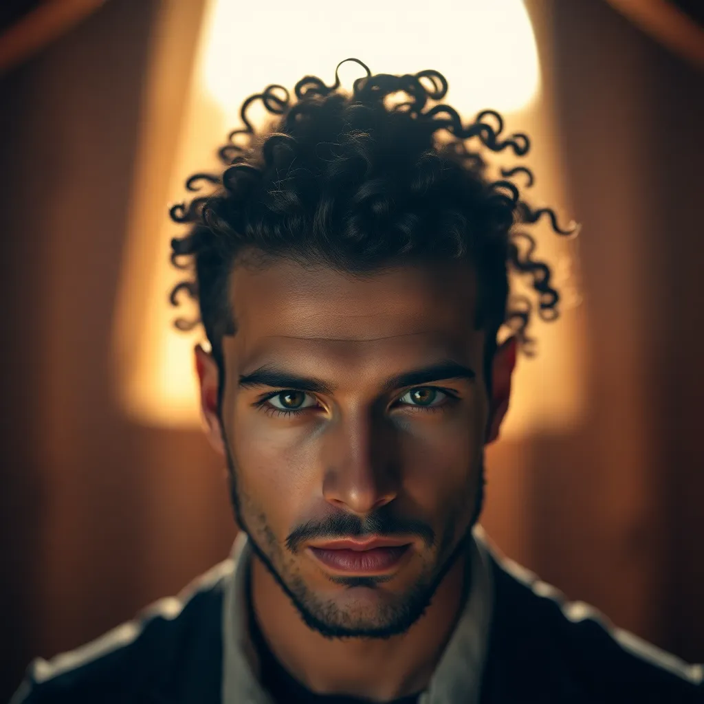 This close-up image features a man showing off his long, curly hair styled elegantly in a bun. The warm glow from firelight enhances the rich textures and tones of his hair, creating a captivating visual effect. The shallow depth of field beautifully isolates the hairstyle, while the earthy color palette brings a natural warmth to the scene. This portrait encapsulates modern masculinity and style.